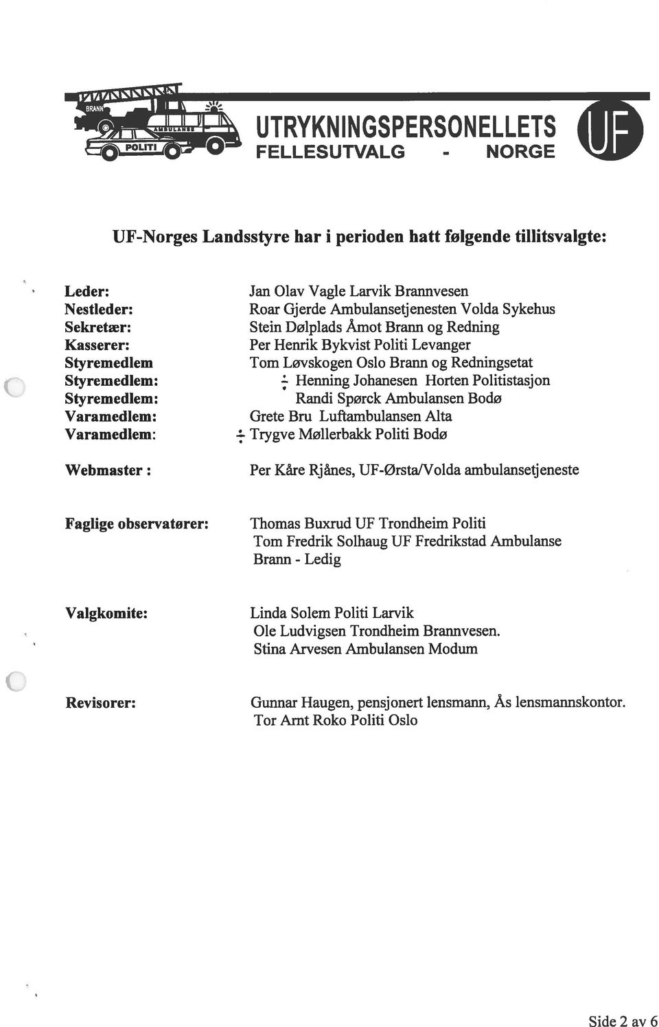 Oslo Brann og Redningsetat Henning Johanesen Horten Politistasjon Randi Spørck Ambulansen Bodø Grete Bru Luftambulansen Alta Trygve Møllerbakk Politi Bodø Per Kåre Rjånes, UFØrstalVolda ambulansetj