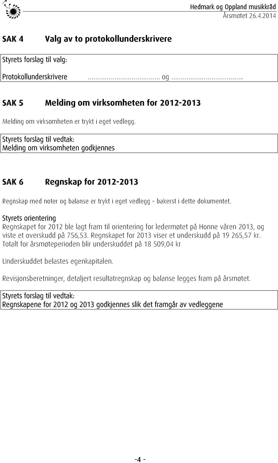 Styrets orientering Regnskapet for 2012 ble lagt fram til orientering for ledermøtet på Honne våren 2013, og viste et overskudd på 756,53. Regnskapet for 2013 viser et underskudd på 19 265,57 kr.