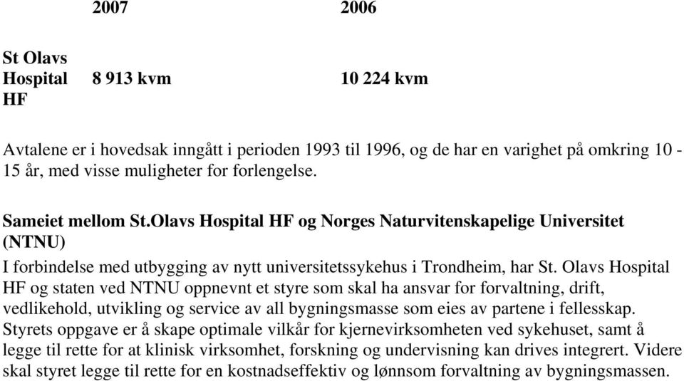 Olavs Hospital HF og staten ved NTNU oppnevnt et styre som skal ha ansvar for forvaltning, drift, vedlikehold, utvikling og service av all bygningsmasse som eies av partene i fellesskap.