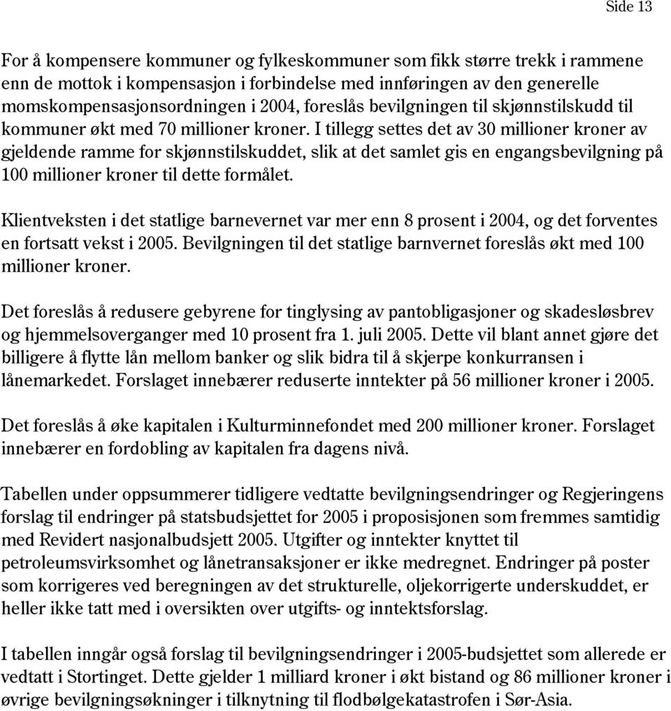 I tillegg settes det av 30 millioner kroner av gjeldende ramme for skjønnstilskuddet, slik at det samlet gis en engangsbevilgning på 100 millioner kroner til dette formålet.