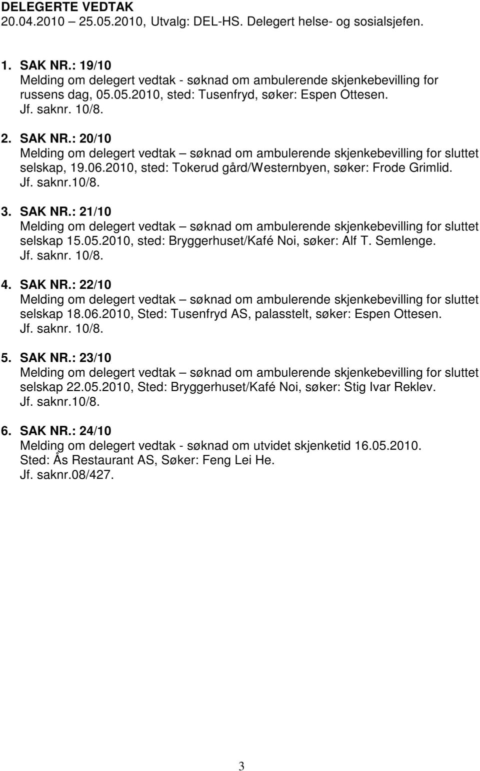 SAK NR.: 21/10 Melding om delegert vedtak søknad om ambulerende skjenkebevilling for sluttet selskap 15.05.2010, sted: Bryggerhuset/Kafé Noi, søker: Alf T. Semlenge. Jf. saknr. 10/8. 4. SAK NR.