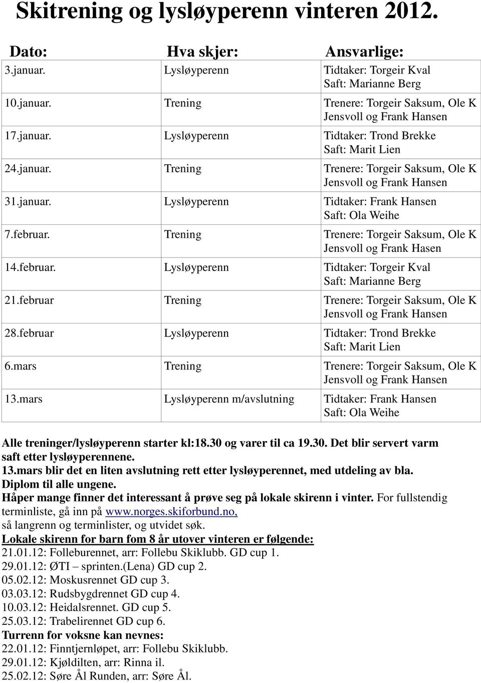 februar. Trening Trenere: Torgeir Saksum, Ole K Jensvoll og Frank Hasen 14.februar. Lysløyperenn Tidtaker: Torgeir Kval Saft: Marianne Berg 21.