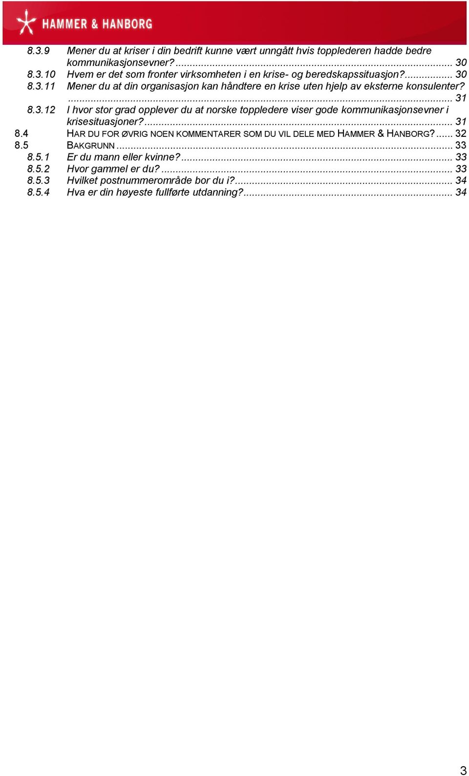 ... 31 8.4 HAR DU FOR ØVRIG NOEN KOMMENTARER SOM DU VIL DELE MED HAMMER & HANBORG?... 32 8.5 BAKGRUNN... 33 8.5.1 Er du mann eller kvinne?... 33 8.5.2 Hvor gammel er du?