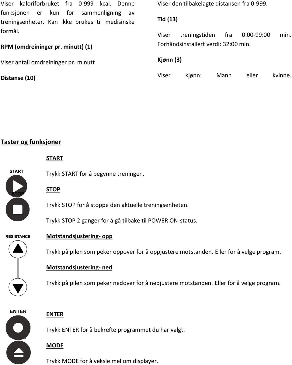 Kjønn (3) Viser kjønn: Mann eller kvinne. Taster og funksjoner START Trykk START for å begynne treningen. STOP Trykk STOP for å stoppe den aktuelle treningsenheten.