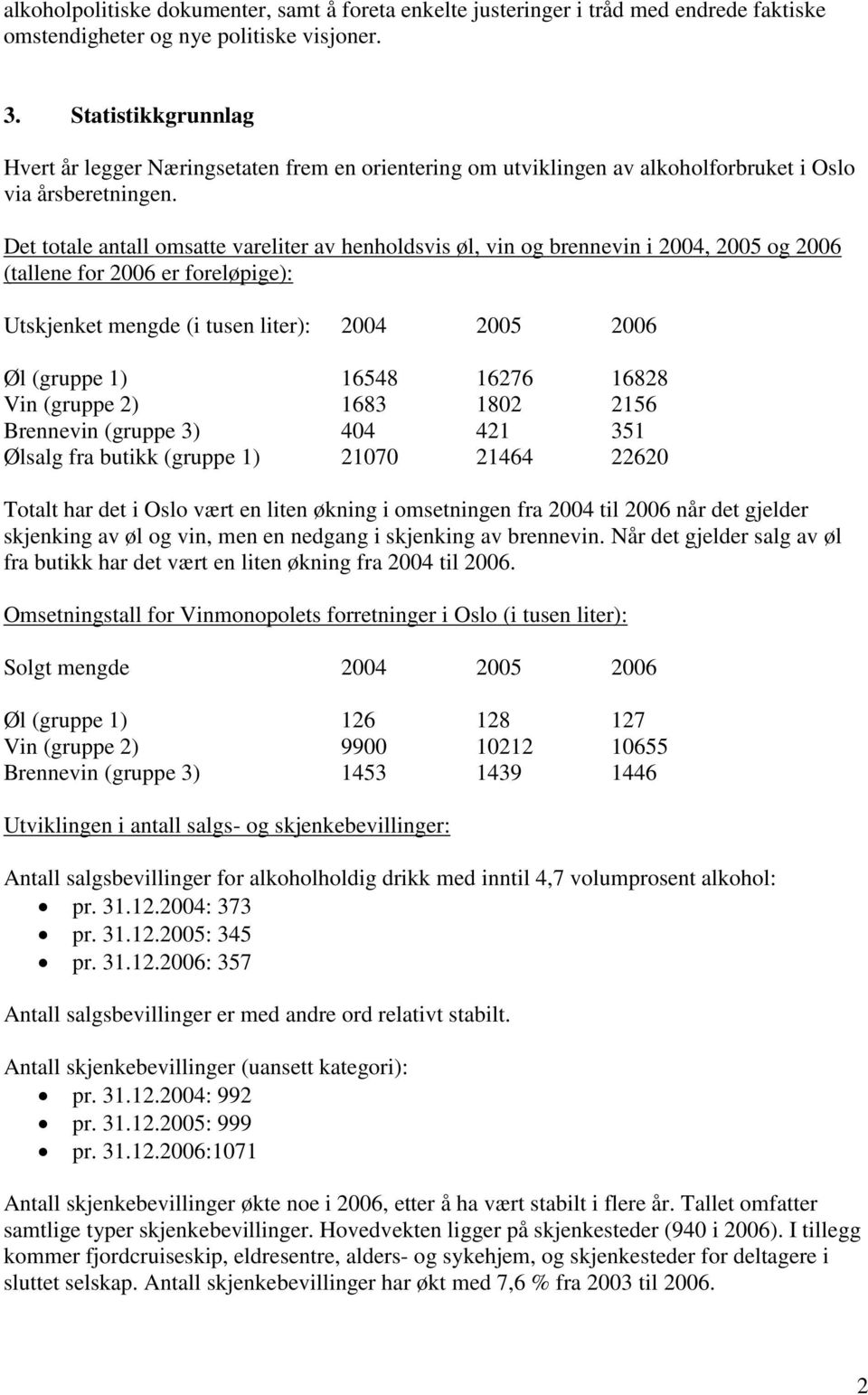 Det totale antall omsatte vareliter av henholdsvis øl, vin og brennevin i 2004, 2005 og 2006 (tallene for 2006 er foreløpige): Utskjenket mengde (i tusen liter): 2004 2005 2006 Øl (gruppe 1) 16548