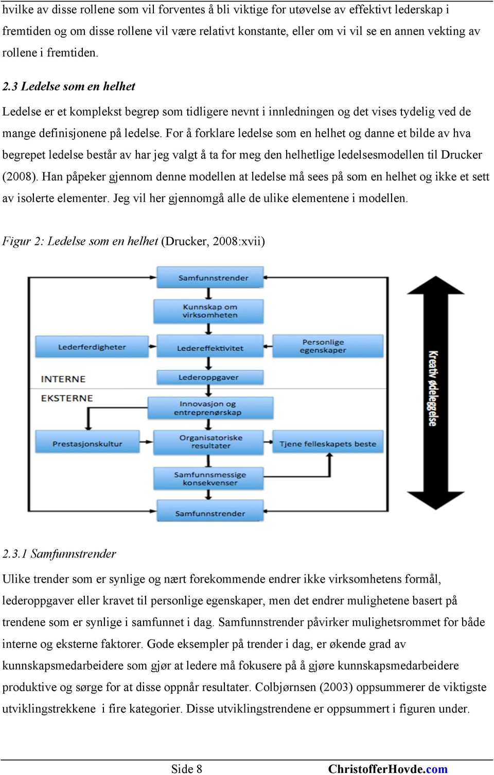 For å forklare ledelse som en helhet og danne et bilde av hva begrepet ledelse består av har jeg valgt å ta for meg den helhetlige ledelsesmodellen til Drucker (2008).