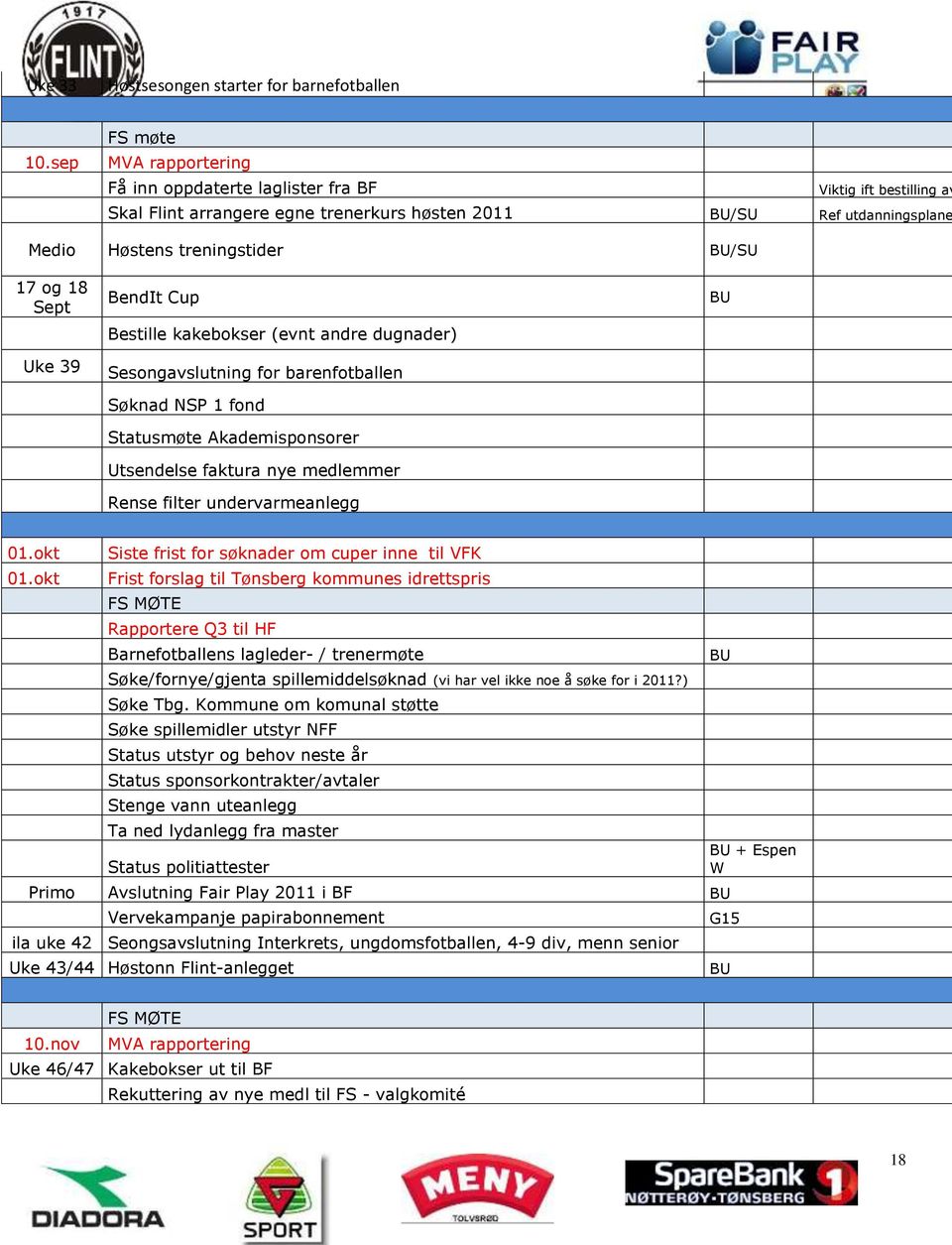17 og 18 Sept Uke 39 BendIt Cup Bestille kakebokser (evnt andre dugnader) Sesongavslutning for barenfotballen Søknad NSP 1 fond Statusmøte Akademisponsorer Utsendelse faktura nye medlemmer Rense