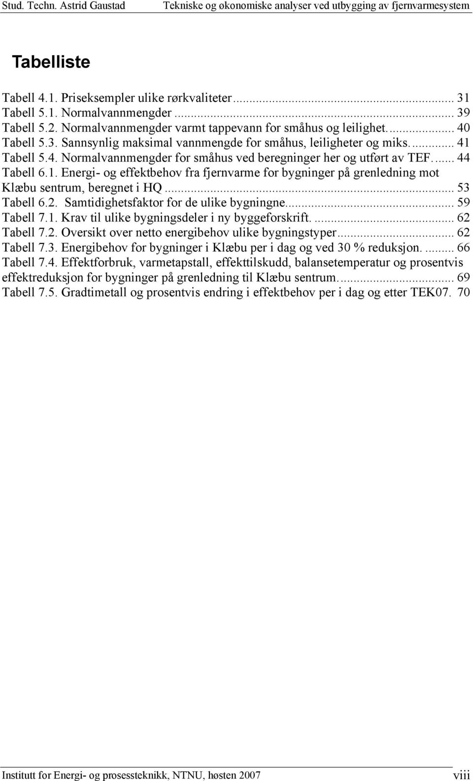 .. 53 Tabell 6.2. Samtidighetsfaktor for de ulike bygningne... 59 Tabell 7.1. Krav til ulike bygningsdeler i ny byggeforskrift.... 62 Tabell 7.2. Oversikt over netto energibehov ulike bygningstyper.