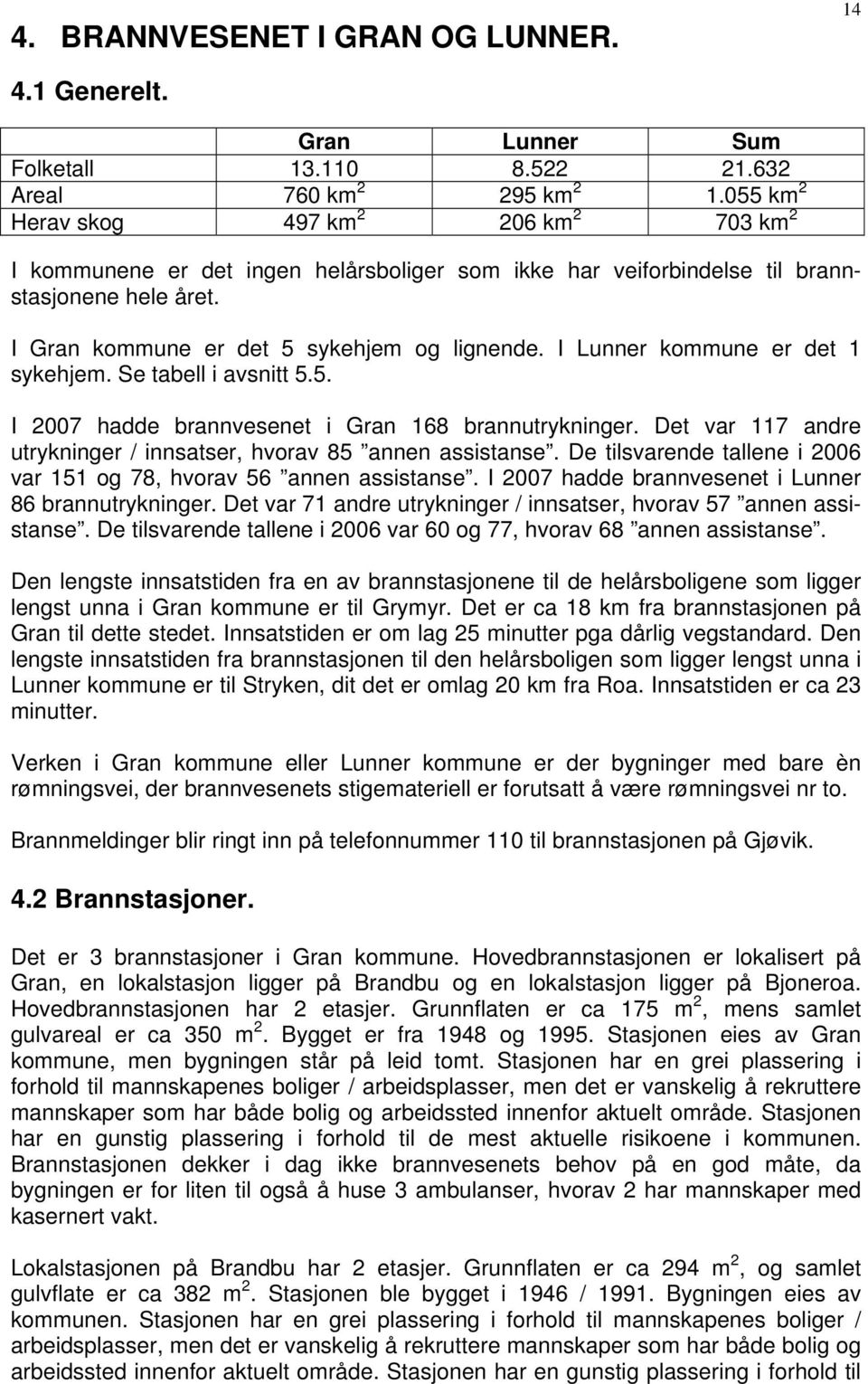 I Lunner kommune er det 1 sykehjem. Se tabell i avsnitt 5.5. I 2007 hadde brannvesenet i Gran 168 brannutrykninger. Det var 117 andre utrykninger / innsatser, hvorav 85 annen assistanse.