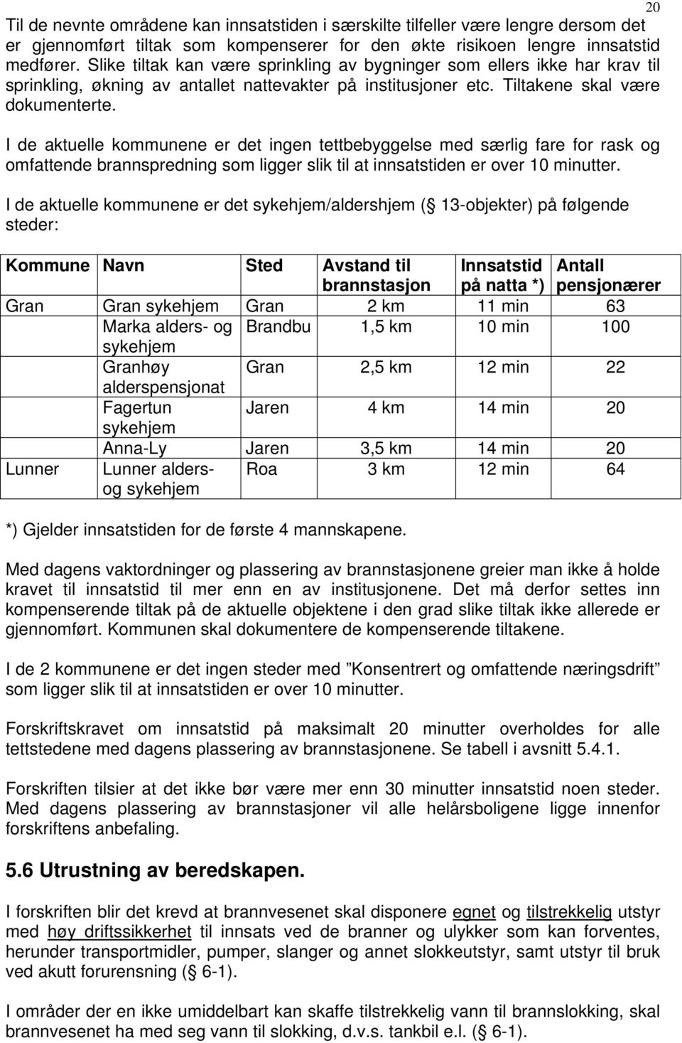 I de aktuelle kommunene er det ingen tettbebyggelse med særlig fare for rask og omfattende brannspredning som ligger slik til at innsatstiden er over 10 minutter.