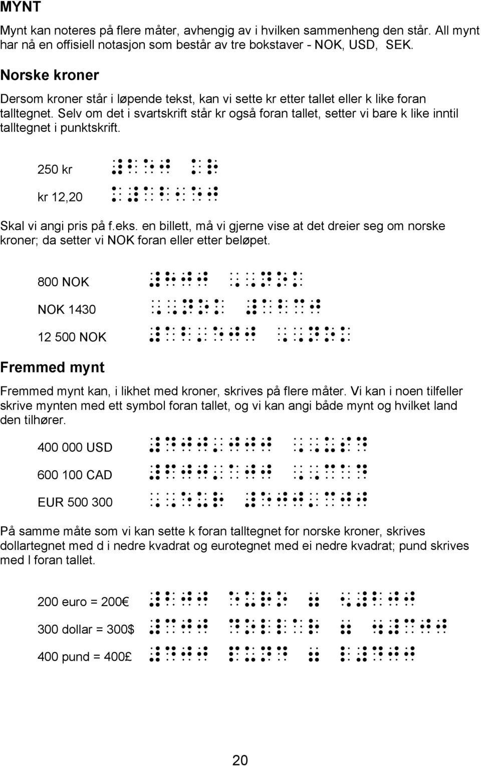 Selv om det i svartskrift står kr også foran tallet, setter vi bare k like inntil talltegnet i punktskrift. 250 kr #bej kr kr 12,20 k#ab,ej Skal vi angi pris på f.eks.