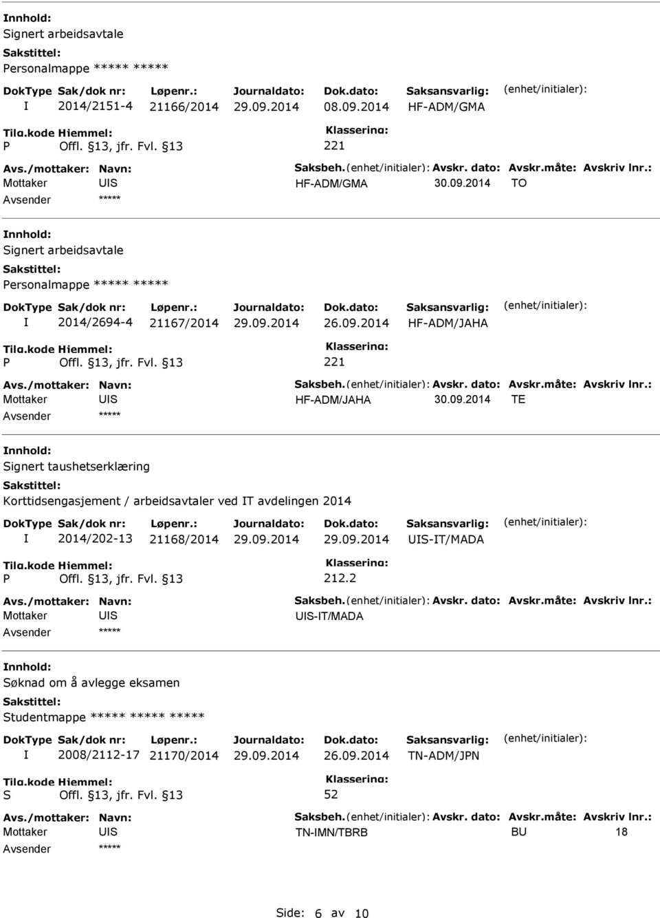 09.2014 TE ignert taushetserklæring Korttidsengasjement / arbeidsavtaler ved T avdelingen 2014 2014/202-13 21168/2014 -T/MADA P 212.