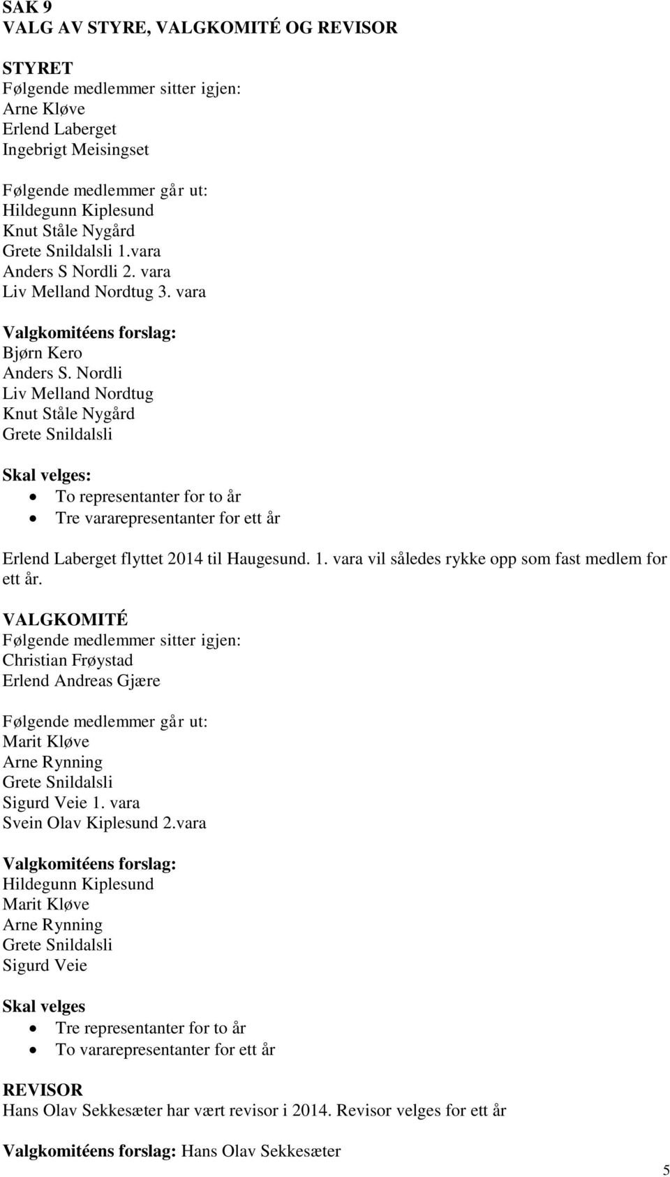 Nordli Liv Melland Nordtug Skal velges: To representanter for to år Tre vararepresentanter for ett år Erlend Laberget flyttet 2014 til Haugesund. 1.