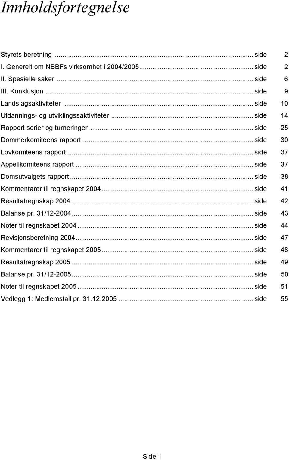 .. side 37 Domsutvalgets rapport... side 38 Kommentarer til regnskapet 2004... side 41 Resultatregnskap 2004... side 42 Balanse pr. 31/12-2004... side 43 Noter til regnskapet 2004.