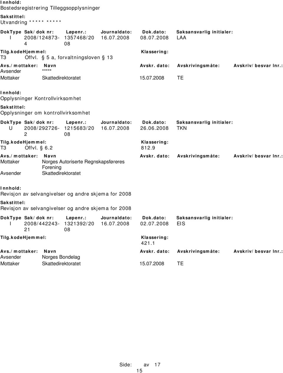 2008 TE Opplysninger Kontrollvirksomhet Opplysninger om kontrollvirksomhet U 2008/292726-1215683/20 16.07.2008 26.06.2008 TKN T3 Offvl. 6.2 812.
