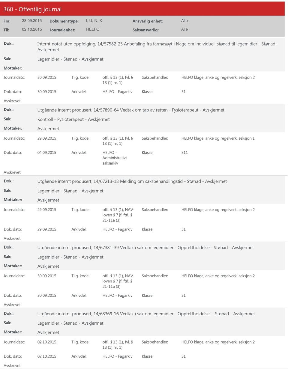 2015 Tilg. kode: klage, anke og regelverk, seksjon 1 04.09.2015 tgående internt produsert, 14/67213-18 Melding om saksbehandlingstid - Stønad - Legemidler - Stønad - Journaldato: 29.09.2015 Tilg. kode: offl.