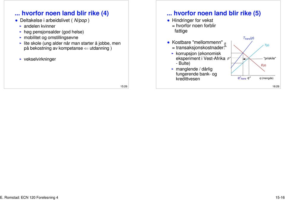 .. hvorfor noen land blir rike (5) Hindringer for vekst = hvorfor noen forblir fattige Kostbare "mellommenn" = transaksjonskostnader: korrupsjon