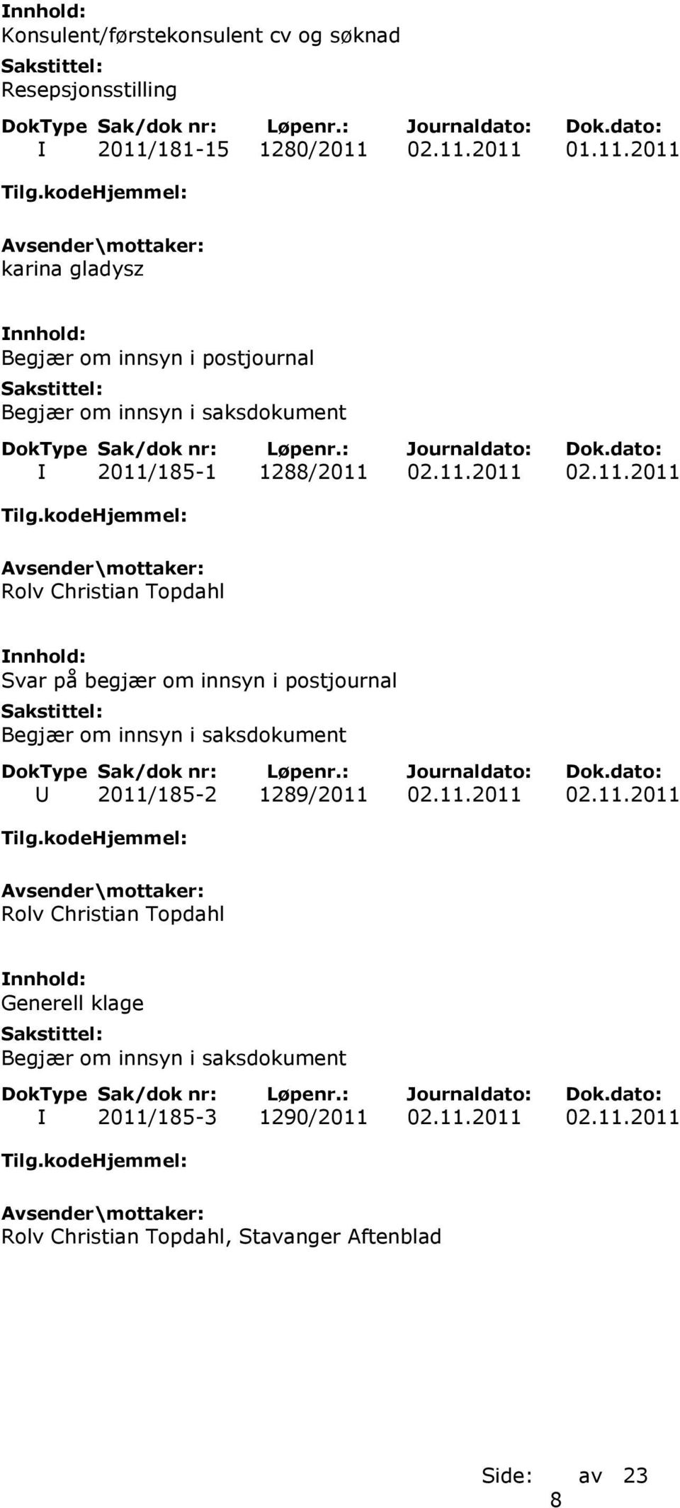 11.2011 02.11.2011 Rolv Christian Topdahl Svar på begjær om innsyn i postjournal Begjær om innsyn i saksdokument U 2011/185-2