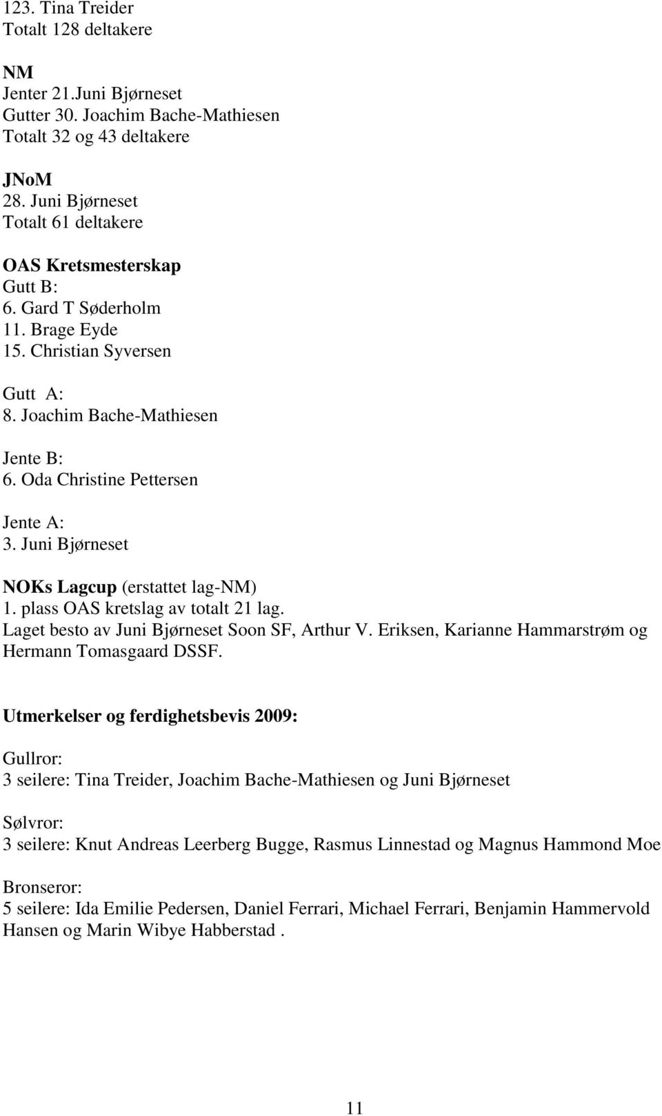 Oda Christine Pettersen Jente A: 3. Juni Bjørneset NOKs Lagcup (erstattet lag-nm) 1. plass OAS kretslag av totalt 21 lag. Laget besto av Juni Bjørneset Soon SF, Arthur V.