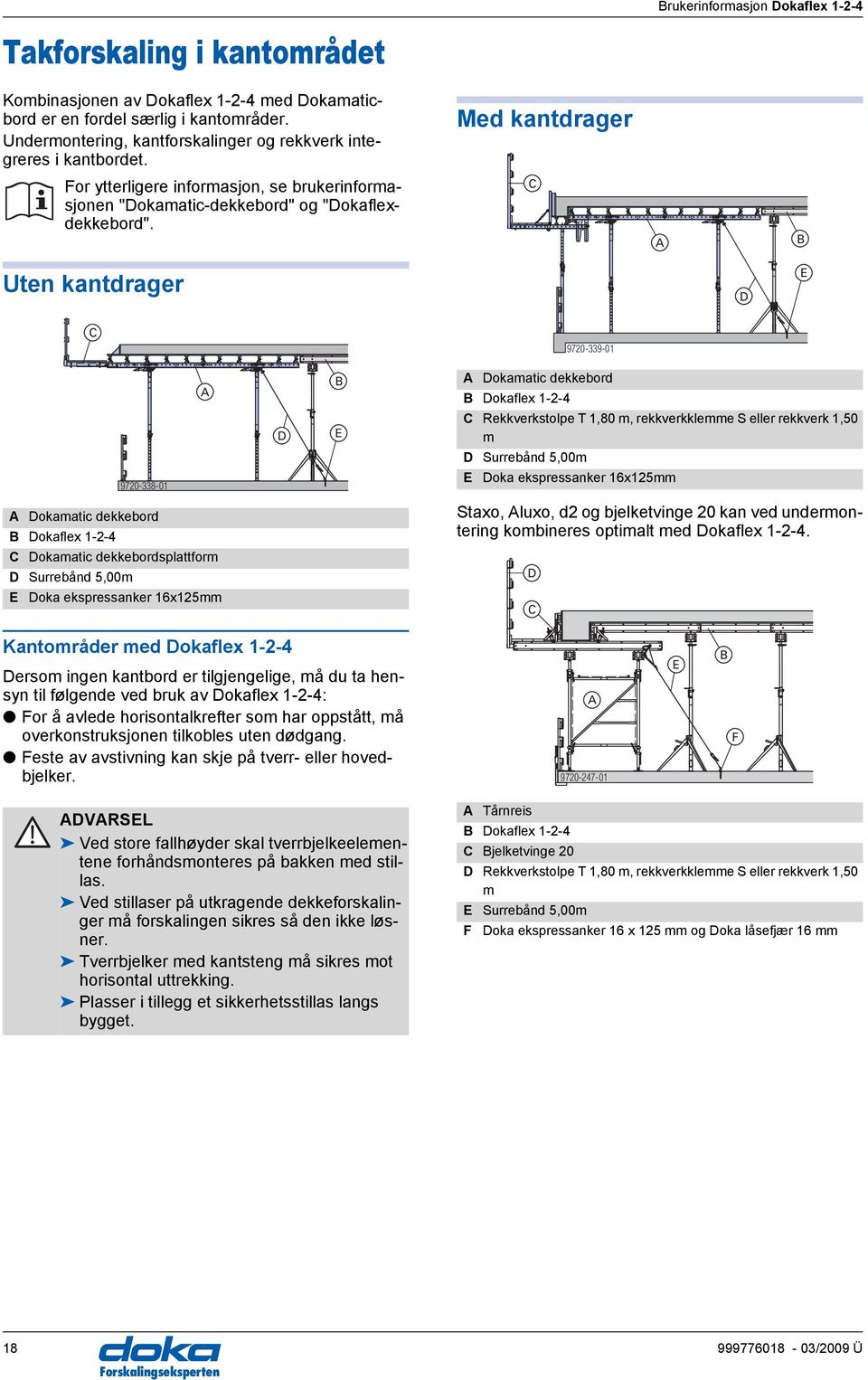 C B Uten kantdrager D E C 9720-339-01 9720-338-01 D B E Dokamatic dekkebord B Dokaflex 1-2-4 C Rekkverkstolpe T 1,80 m, rekkverkklemme S eller rekkverk 1,50 m D Surrebånd 5,00m E Doka ekspressanker