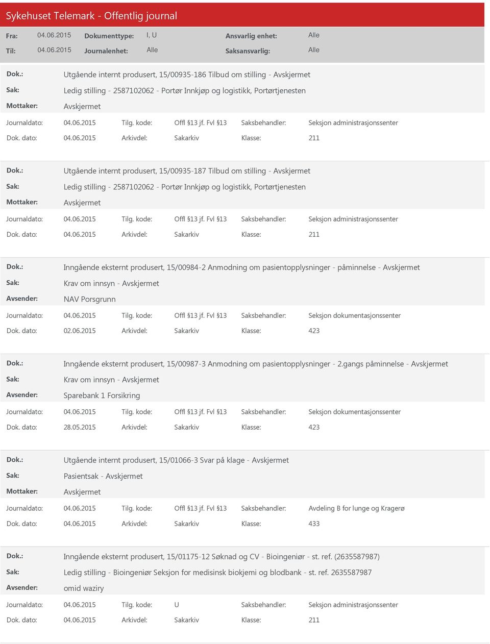 Inngående eksternt produsert, 15/00987-3 Anmodning om pasientopplysninger - 2.gangs påminnelse - Krav om innsyn - Sparebank 1 Forsikring Dok. dato: 28.05.