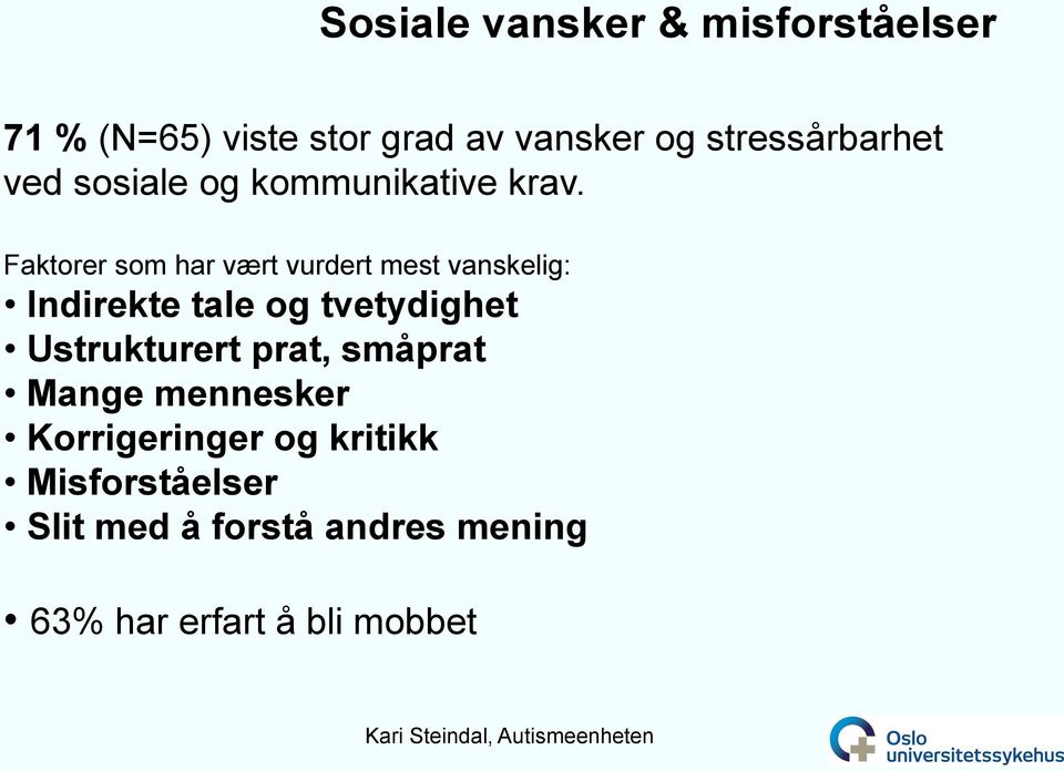 Faktorer som har vært vurdert mest vanskelig: Indirekte tale og tvetydighet Ustrukturert