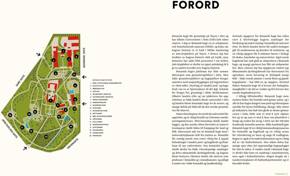 HAGE 12 DUFTHAGEN 13 RØD- OG SVARTELISTEBED 14 URTEHAGEN 15 FJELLHAGEN 16 SKANDINAVISK RYGG 17 SLÅTTEMARK 18 OSLORYGGEN 19 VIKINGHAGEN 20 PIKNIKPLEN Botanisk hage ble grunnlagt på Tøyen i 1814 og har