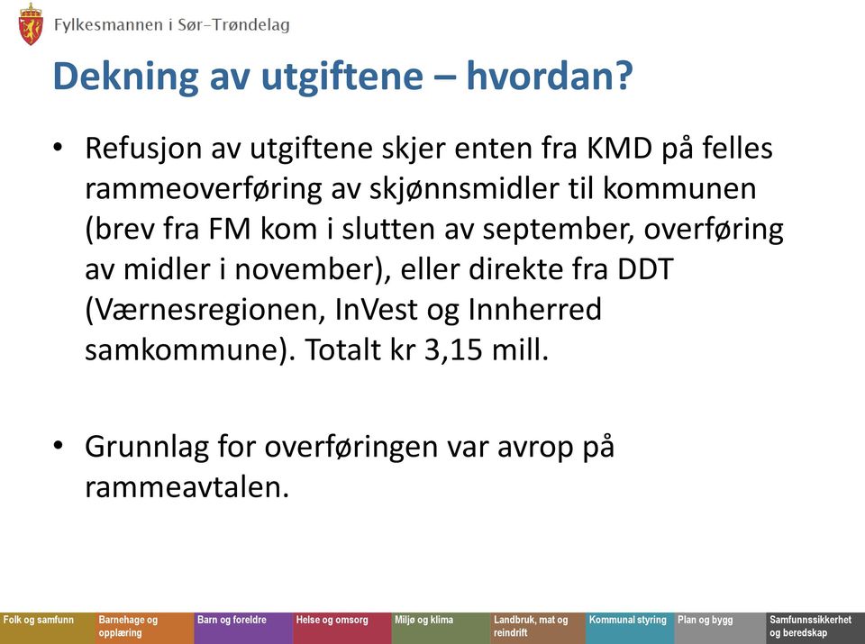 til kommunen (brev fra FM kom i slutten av september, overføring av midler i