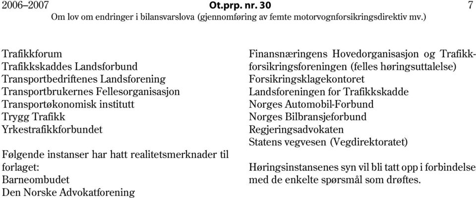 Yrkestrafikkforbundet Følgende instanser har hatt realitetsmerknader til forlaget: Barneombudet Den Norske Advokatforening Finansnæringens Hovedorganisasjon og