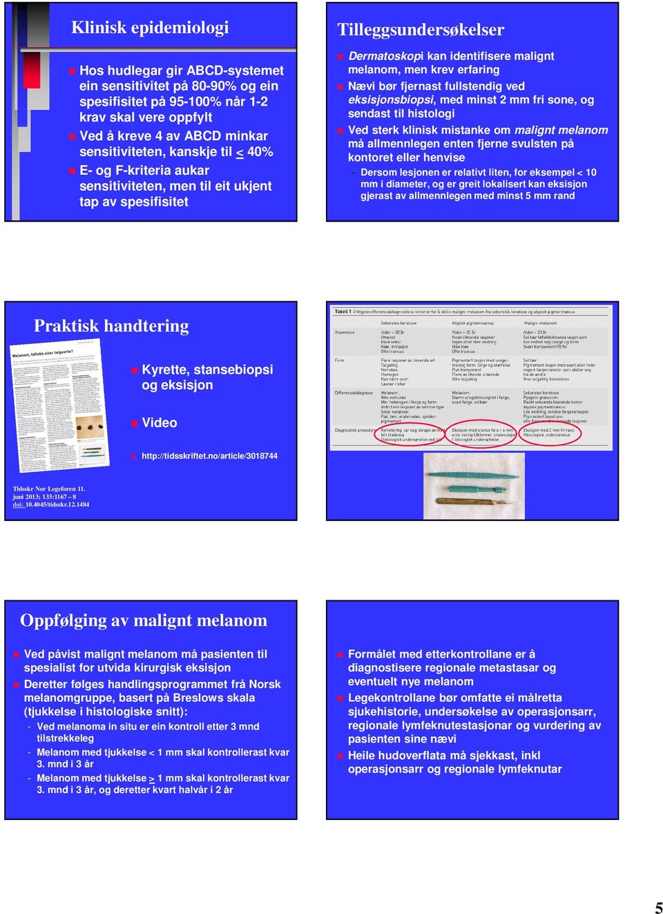 ved eksisjonsbiopsi, med minst 2 mm fri sone, og sendast til histologi Ved sterk klinisk mistanke om malignt melanom må allmennlegen enten fjerne svulsten på kontoret eller henvise - Dersom lesjonen