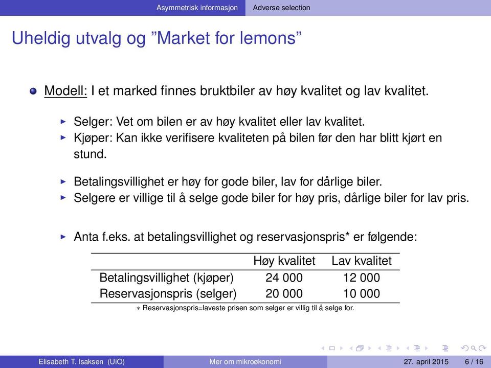 Betalingsvillighet er høy for gode biler, lav for dårlige biler. Selgere er villige til å selge gode biler for høy pris, dårlige biler for lav pris. Anta f.eks.