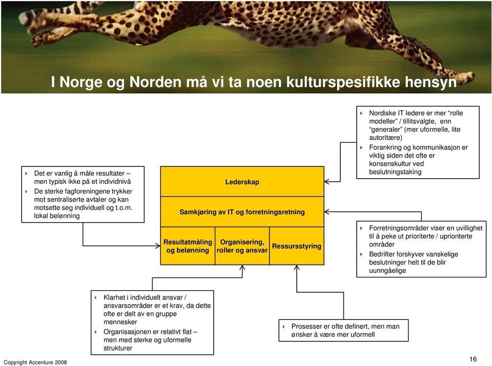 lokal belønning Lederskap Samkjøring av IT og forretningsretning Resultatmåling og belønning Organisering, roller og ansvar Ressursstyring Nordiske IT ledere er mer rolle modeller / tillitsvalgte,