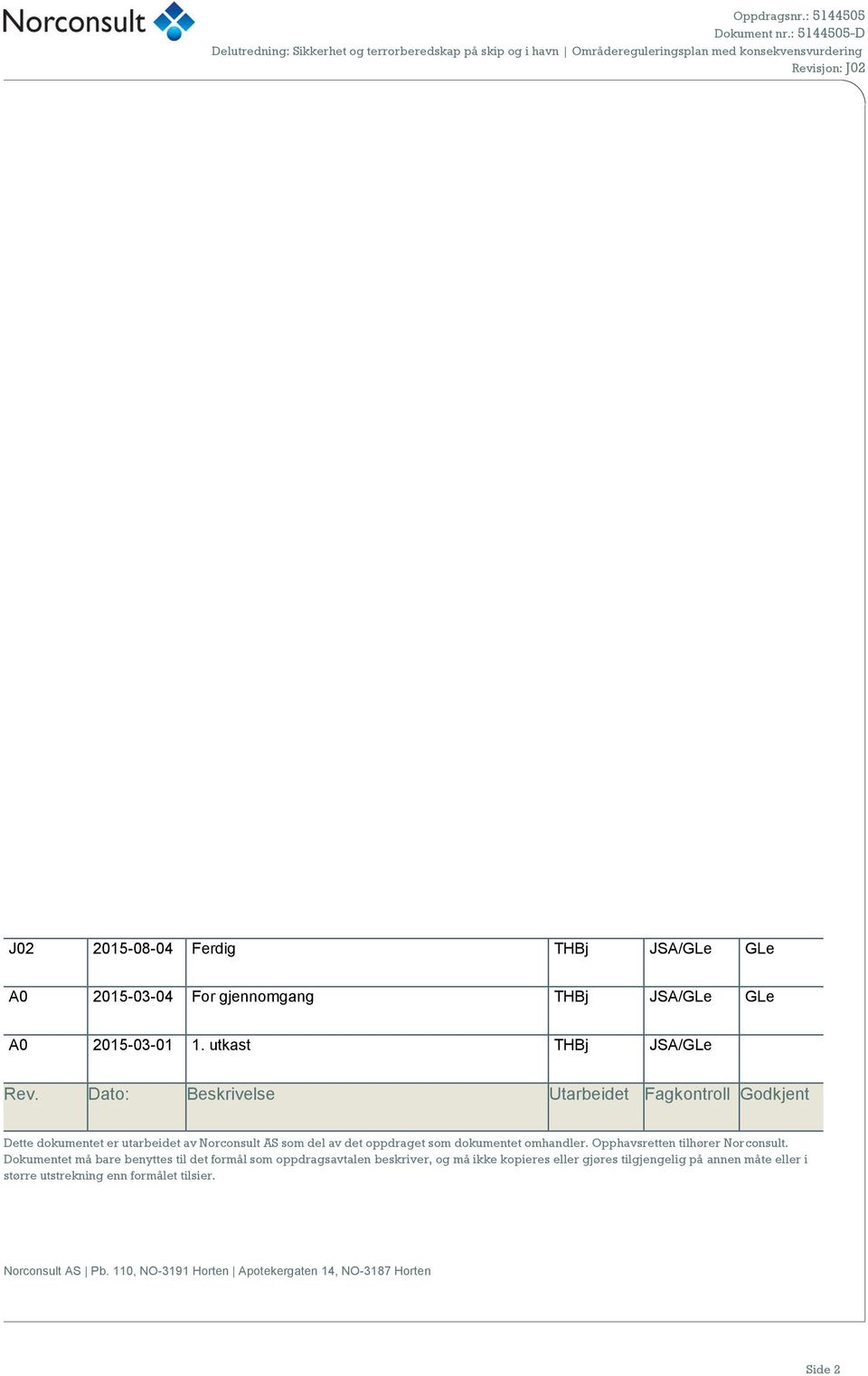 Dato: Beskrivelse Utarbeidet Fagkontroll Godkjent Dette dokumentet er utarbeidet av Norconsult AS som del av det oppdraget som dokumentet omhandler.