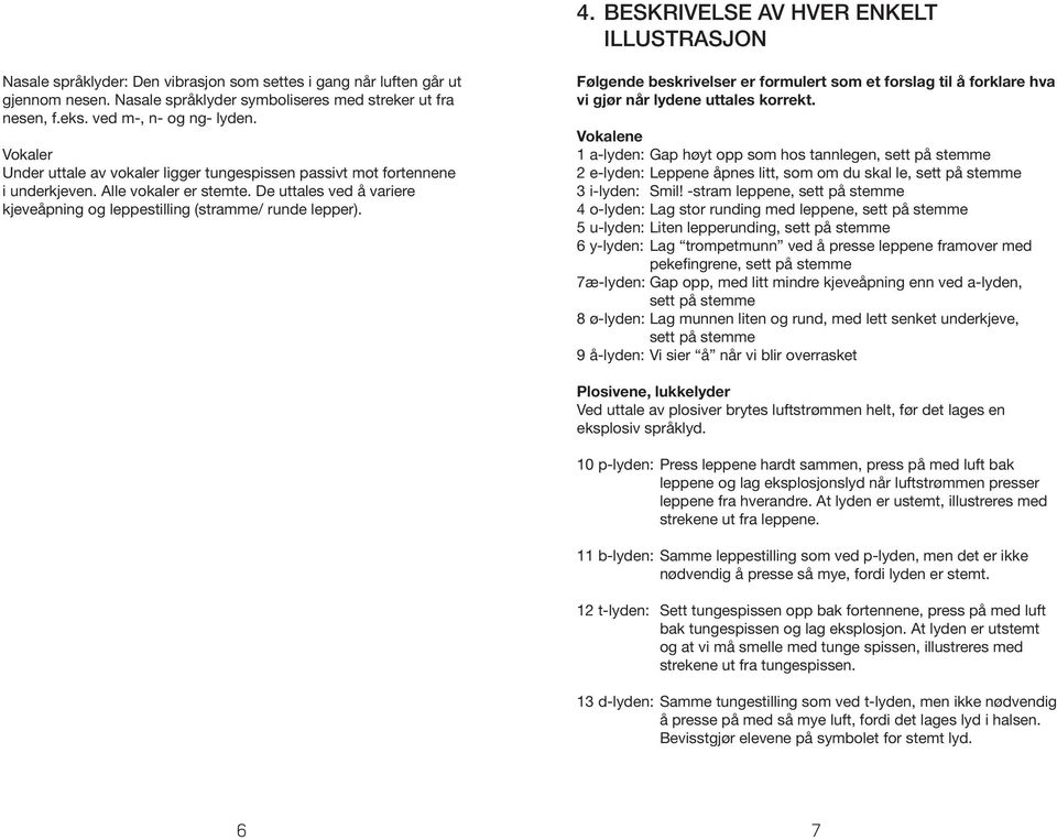 De uttales ved å variere kjeveåpning og leppestilling (stramme/ runde lepper). Følgende beskrivelser er formulert som et forslag til å forklare hva vi gjør når lydene uttales korrekt.