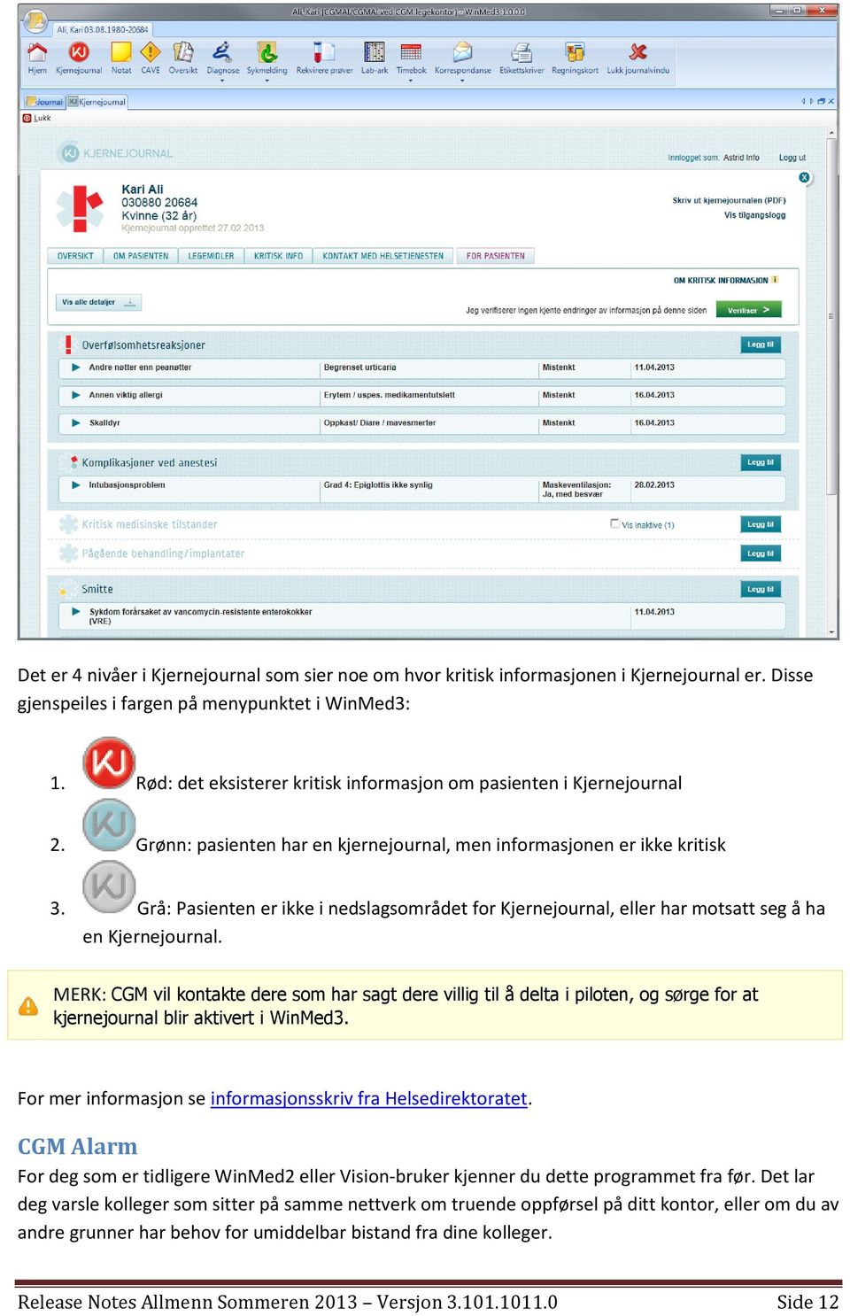 Grå: Pasienten er ikke i nedslagsområdet for Kjernejournal, eller har motsatt seg å ha en Kjernejournal.