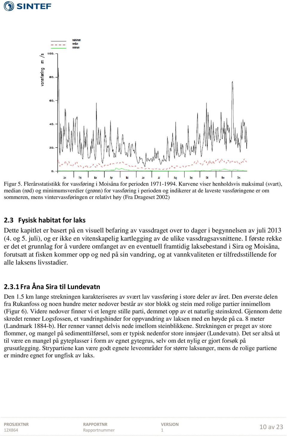 relativt høy (Fra Drageset 2002) 2.3 Fysisk habitat for laks Dette kapitlet er basert på en visuell befaring av vassdraget over to dager i begynnelsen av juli 203 (4. og 5.