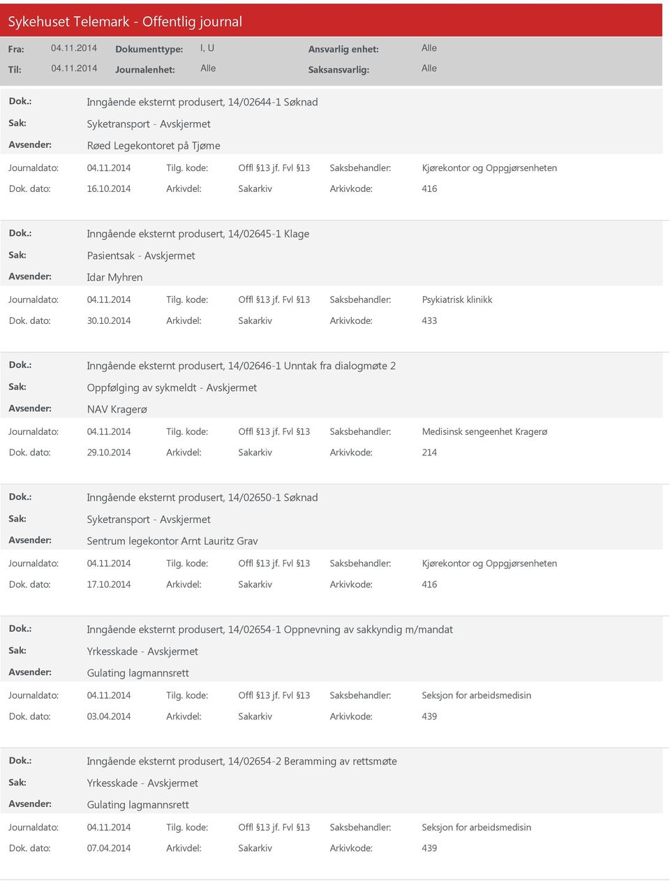 2014 Arkivdel: Sakarkiv Inngående eksternt produsert, 14/02646-1 Unntak fra dialogmøte 2 Oppfølging av sykmeldt - NAV Kragerø Medisinsk sengeenhet Kragerø Dok. dato: 29.10.