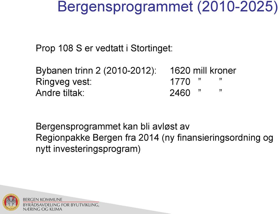 Andre tiltak: 2460 Bergensprogrammet kan bli avløst av Regionpakke