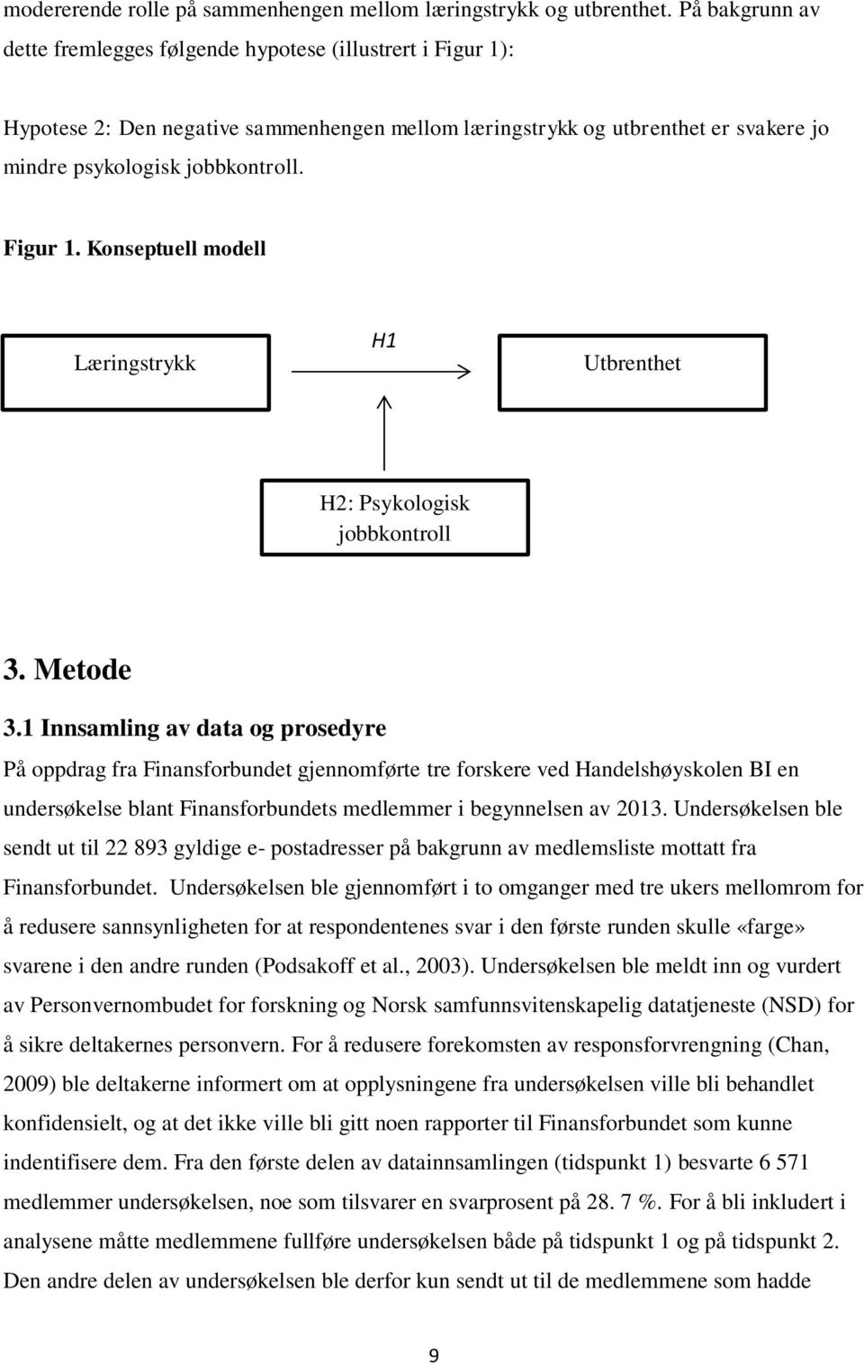 Figur 1. Konseptuell modell Læringstrykk H1 Utbrenthet H2: Psykologisk jobbkontroll 3. Metode 3.