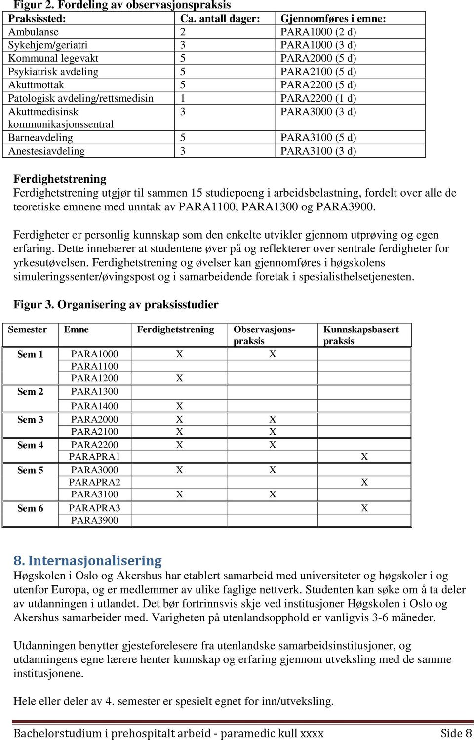 Patologisk avdeling/rettsmedisin 1 PARA2200 (1 d) Akuttmedisinsk 3 PARA3000 (3 d) kommunikasjonssentral Barneavdeling 5 PARA3100 (5 d) Anestesiavdeling 3 PARA3100 (3 d) Ferdighetstrening