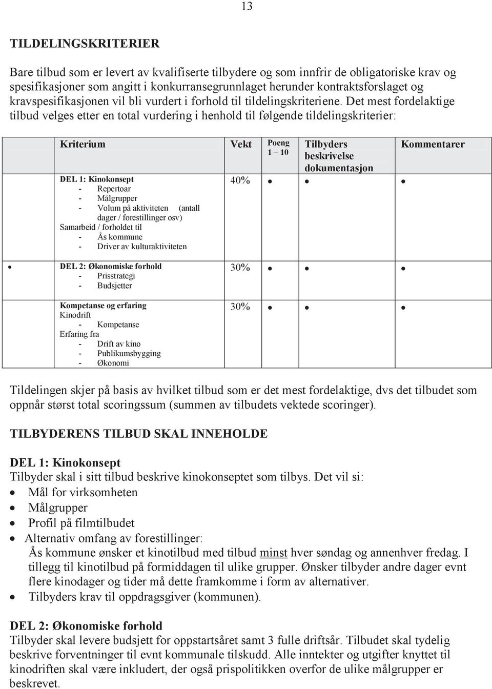 Det mest fordelaktige tilbud velges etter en total vurdering i henhold til følgende tildelingskriterier: 13 Kriterium Vekt Poeng 1 DEL 1: Kinokonsept - Repertoar - Målgrupper - Volum på aktiviteten