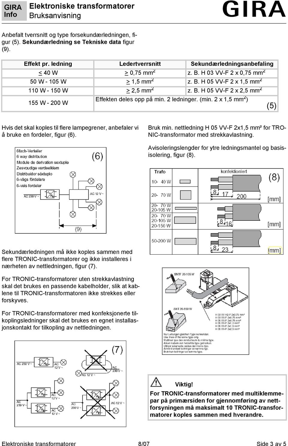 2 x 1,5 mm 2 ) (5) Hvis det skal koples til flere lampegrener, anbefaler vi å bruke en fordeler, figur (6). Bruk min. nettledning H 05 VV-F 2x1,5 mm² for TRO- NIC-transformator med strekkavlastning.