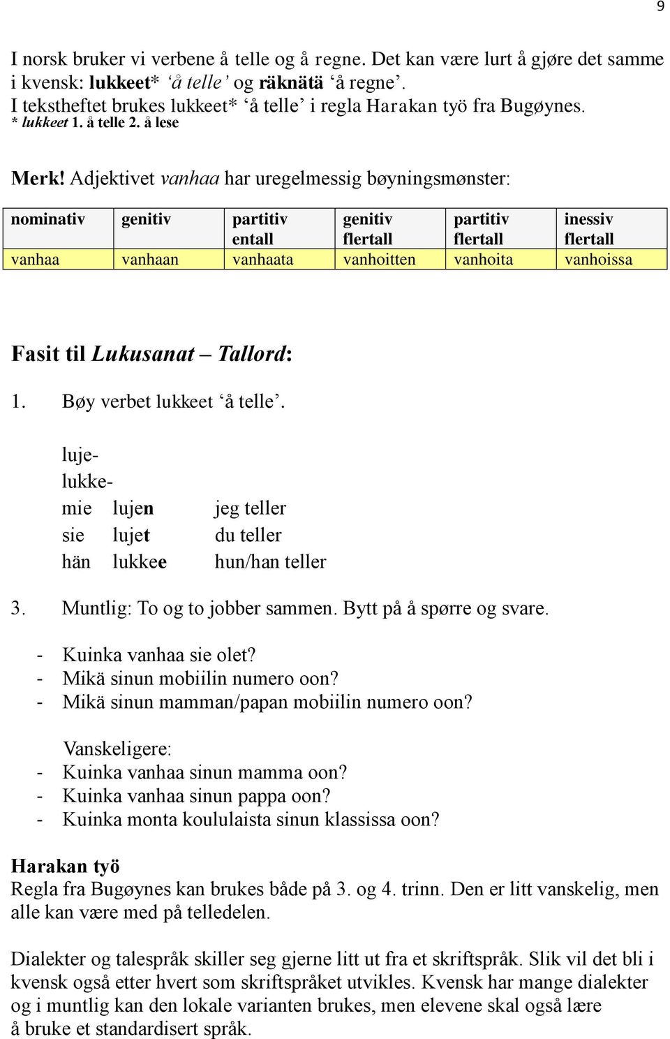 Adjektivet vanhaa har uregelmessig bøyningsmønster: nominativ genitiv partitiv entall genitiv flertall partitiv flertall inessiv flertall vanhaa vanhaan vanhaata vanhoitten vanhoita vanhoissa Fasit