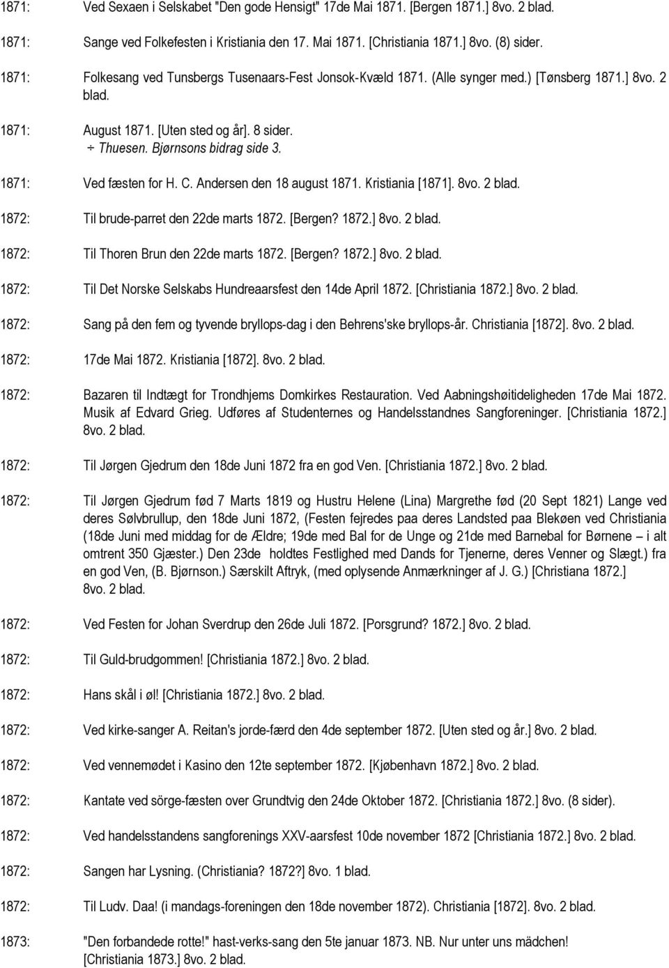 1871: Ved fæsten for H. C. Andersen den 18 august 1871. Kristiania [1871]. 1872: Til brude-parret den 22de marts 1872. [Bergen? 1872.] 1872: Til Thoren Brun den 22de marts 1872. [Bergen? 1872.] 1872: Til Det Norske Selskabs Hundreaarsfest den 14de April 1872.