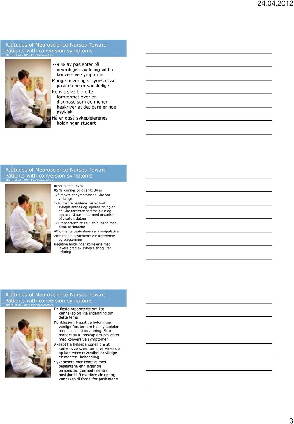 Neuroscience Nurses Toward Patients with conversion symptoms Ahern et al 2009; Psychosomatics Respons rate 67% 85 % kvinner og gj.