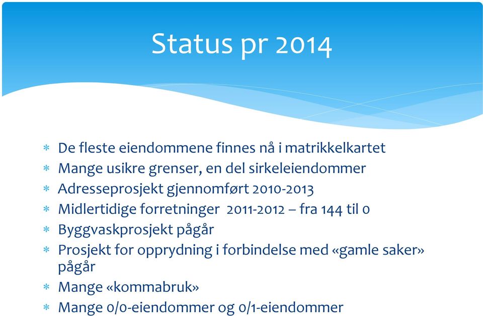 forretninger 2011-2012 fra 144 til 0 Byggvaskprosjekt pågår Prosjekt for opprydning