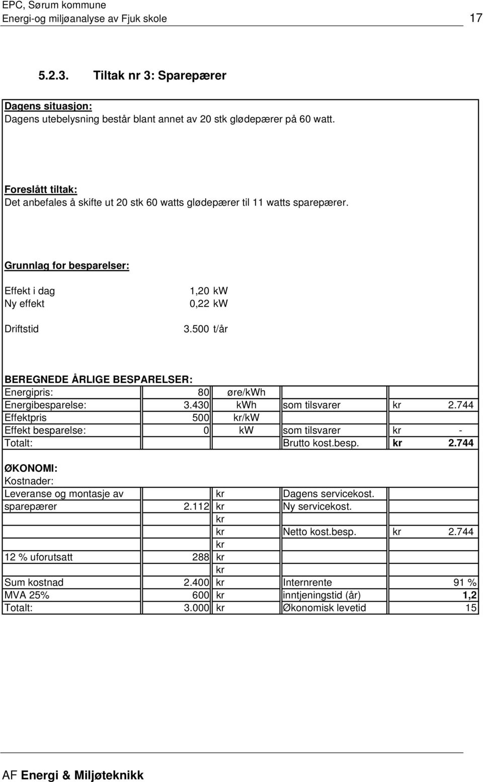 500 t/år BEREGNEDE ÅRLIGE BESPARELSER: Energipris: 80 øre/kwh Energibesparelse: 3.430 kwh som tilsvarer kr 2.744 Effektpris 500 kr/kw Effekt besparelse: 0 kw som tilsvarer kr - Totalt: Brutto kost.