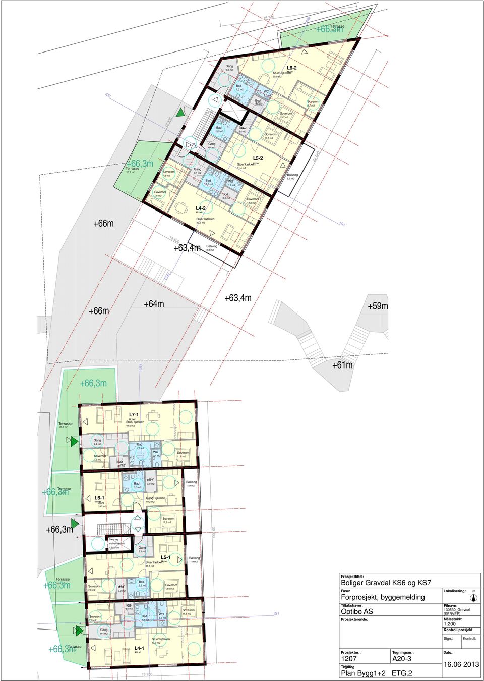 +61m +66,3m 45,1 m 2 L7-1 91,5 m 2 49,0 m2 vegg tilvalg 9,4 m2 7,9 m2 3,5 m 2 7,9 m2 Himling/ innkassing UK 2,40m WC 2,1 m2 11,8 m2 17,0 m +66,3m 2 L6-1 57,7 m Stue 2 19,2 m2 5,5 m2 Himling/