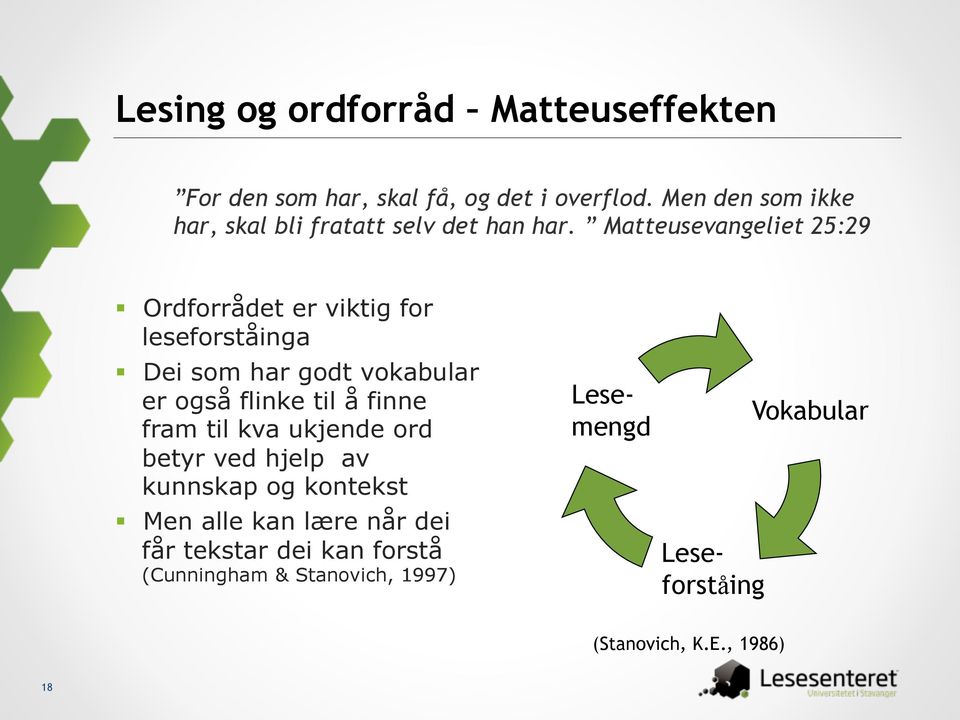 Matteusevangeliet 25:29 Ordforrådet er viktig for leseforståinga Dei som har godt vokabular er også flinke til å