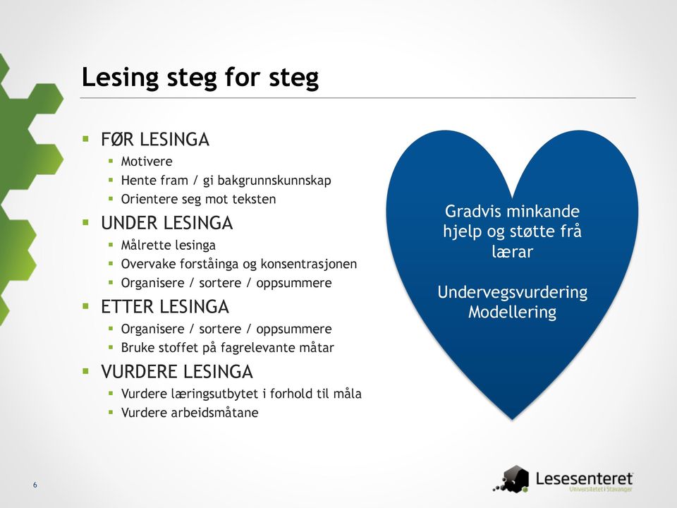 Organisere / sortere / oppsummere Bruke stoffet på fagrelevante måtar VURDERE LESINGA Vurdere læringsutbytet i